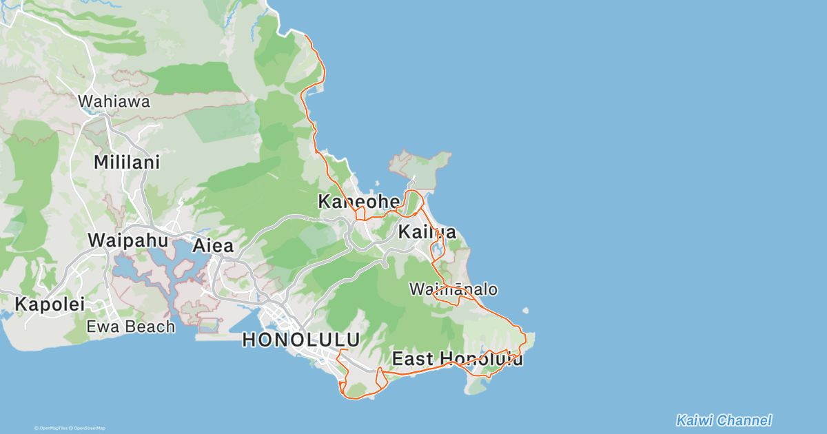 Map of the ride route on Oʻahu, from Honolulu along the east coast past Waimānalo and Kailua to the turnaround north of Kāneʻohe